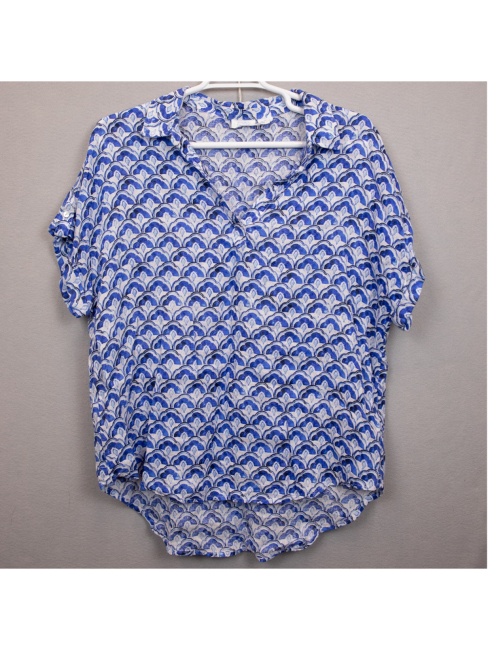 Sigrid Olsen blue and white scallop pattern linen tunic top-1X